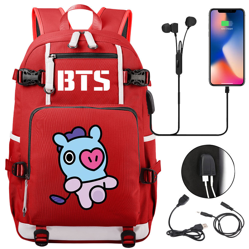 BTS Cartoon Mang USB Charging Backpack School NoteBook Laptop Travel Bags