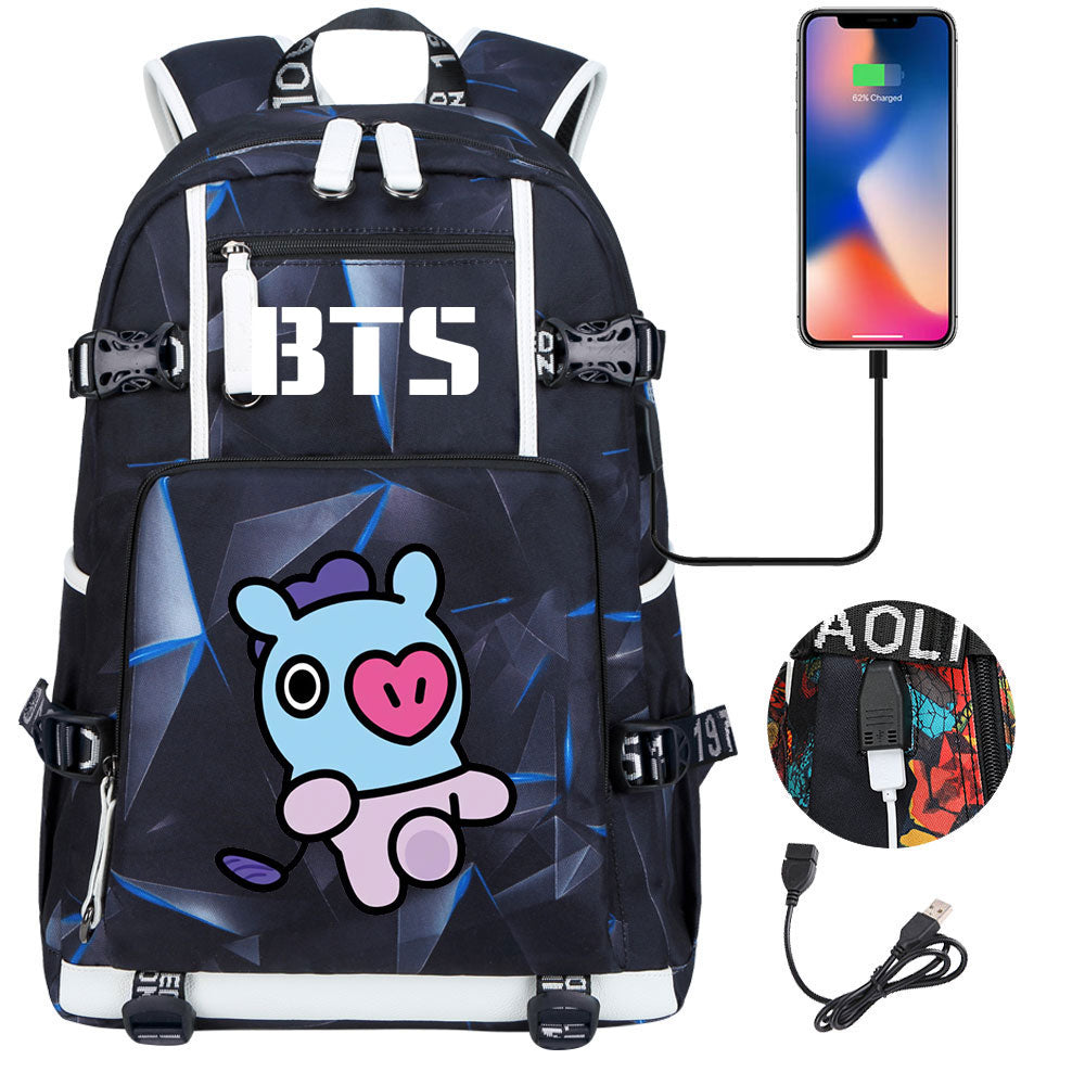 BTS Cartoon Mang USB Charging Backpack School NoteBook Laptop Travel Bags