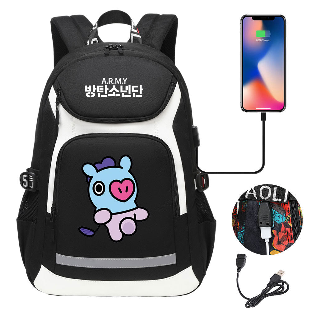 Kpop BTS Mang USB Charging Backpack School NoteBook Laptop Travel Bags