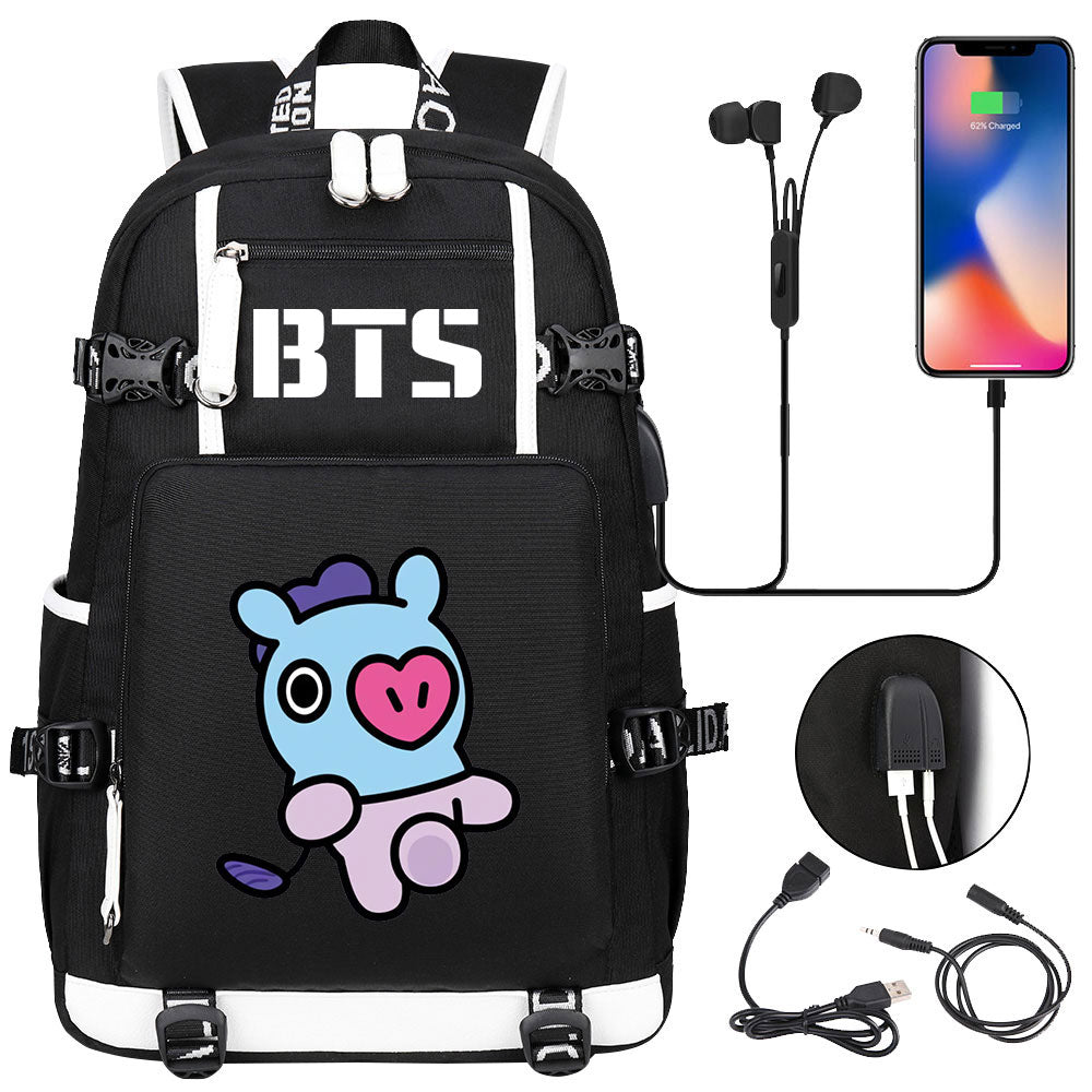 BTS Cartoon Mang USB Charging Backpack School NoteBook Laptop Travel Bags