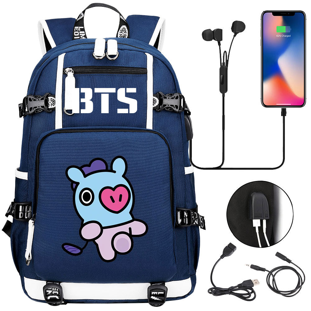 BTS Cartoon Mang USB Charging Backpack School NoteBook Laptop Travel Bags