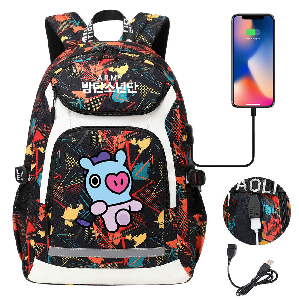 Kpop BTS Mang USB Charging Backpack School NoteBook Laptop Travel Bags