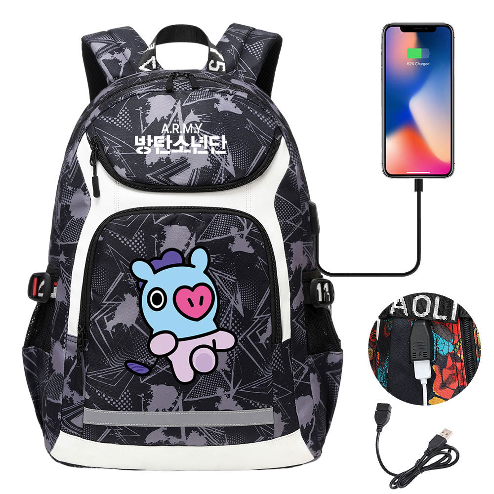 Kpop BTS Mang USB Charging Backpack School NoteBook Laptop Travel Bags