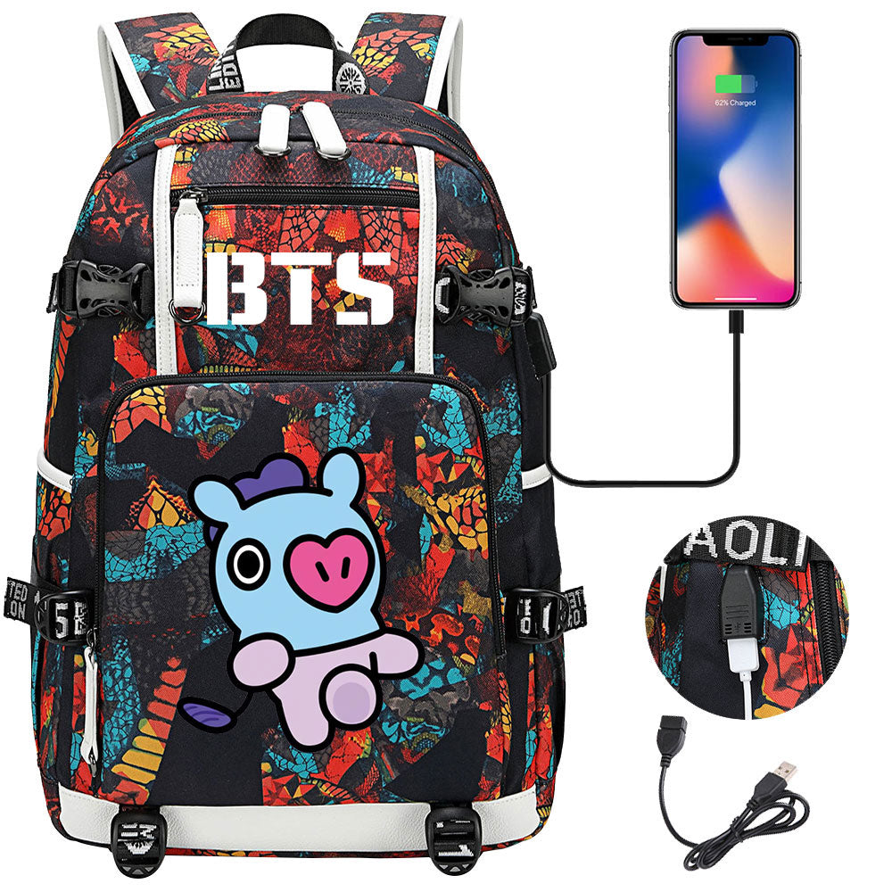 BTS Cartoon Mang USB Charging Backpack School NoteBook Laptop Travel Bags