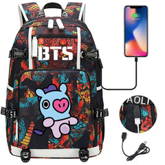 BTS Cartoon Mang USB Charging Backpack School NoteBook Laptop Travel Bags