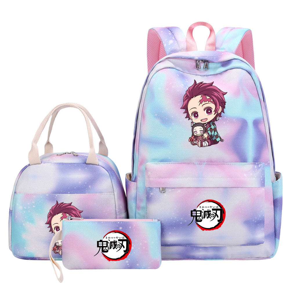 Demon Slayer Kimetsu No Yaiba Kamado Tanjiro  Pink Starry Sky SchoolBag Backpack Lunch Box Bag Book Pencil Bags 3pcs Set