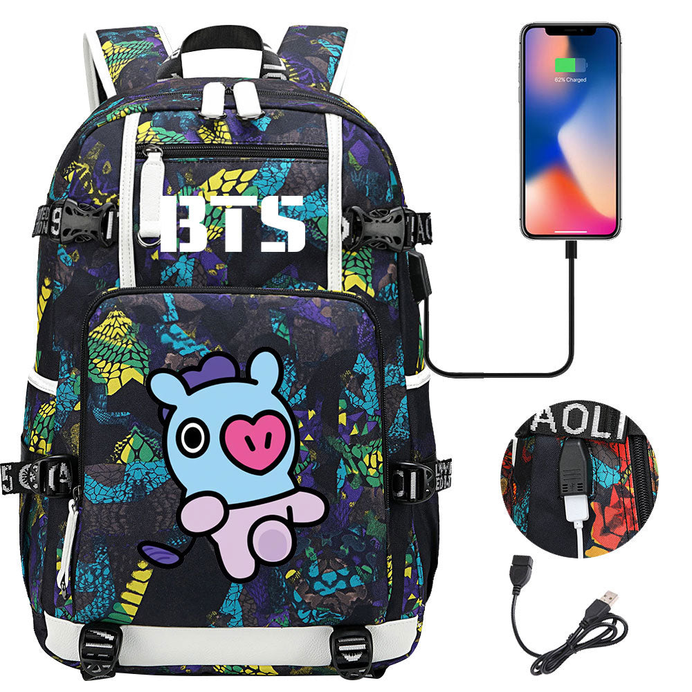 BTS Cartoon Mang USB Charging Backpack School NoteBook Laptop Travel Bags