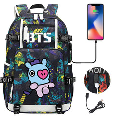 BTS Cartoon Mang USB Charging Backpack School NoteBook Laptop Travel Bags