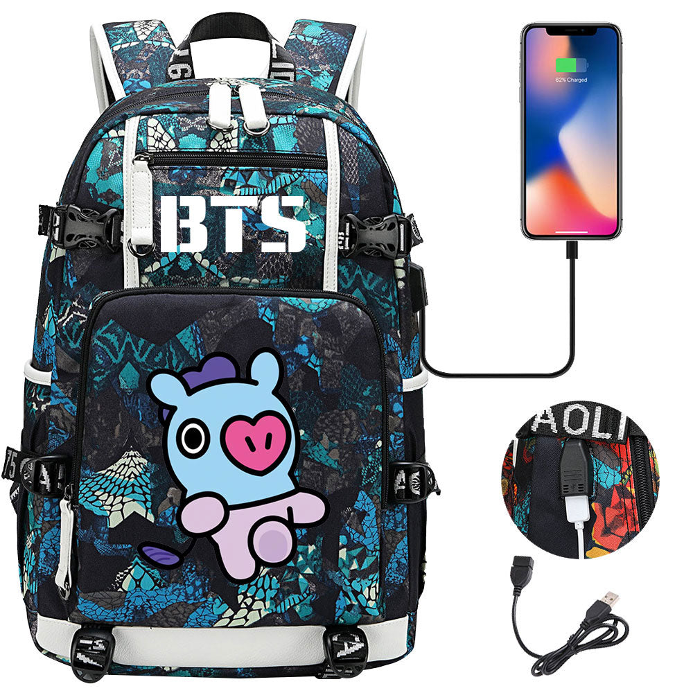 BTS Cartoon Mang USB Charging Backpack School NoteBook Laptop Travel Bags