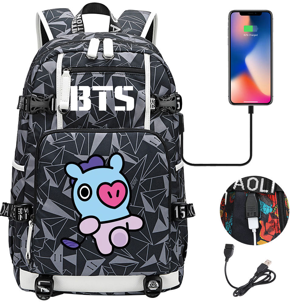 BTS Cartoon Mang USB Charging Backpack School NoteBook Laptop Travel Bags