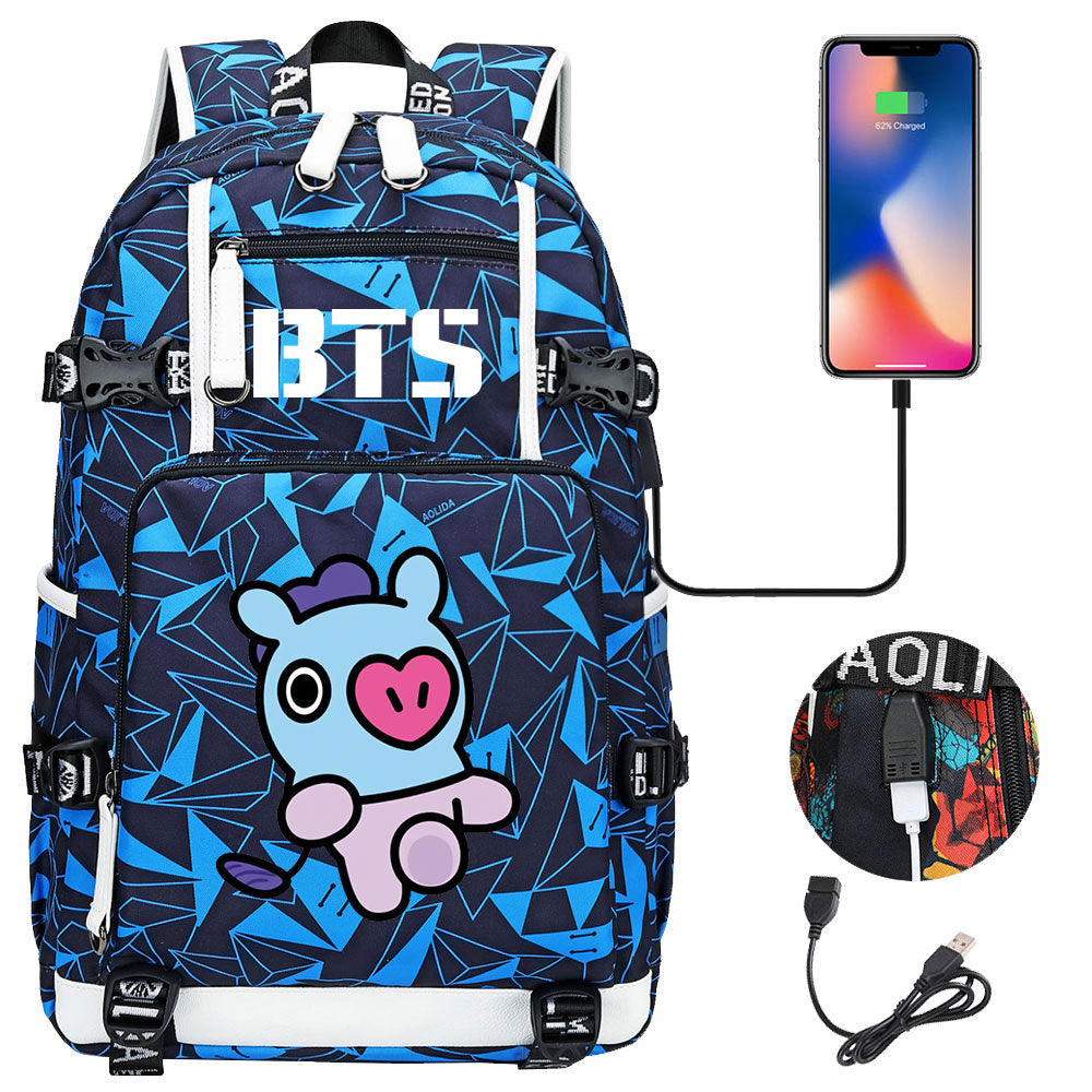 BTS Cartoon Mang USB Charging Backpack School NoteBook Laptop Travel Bags
