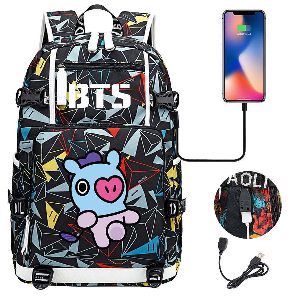 BTS Cartoon Mang USB Charging Backpack School NoteBook Laptop Travel Bags