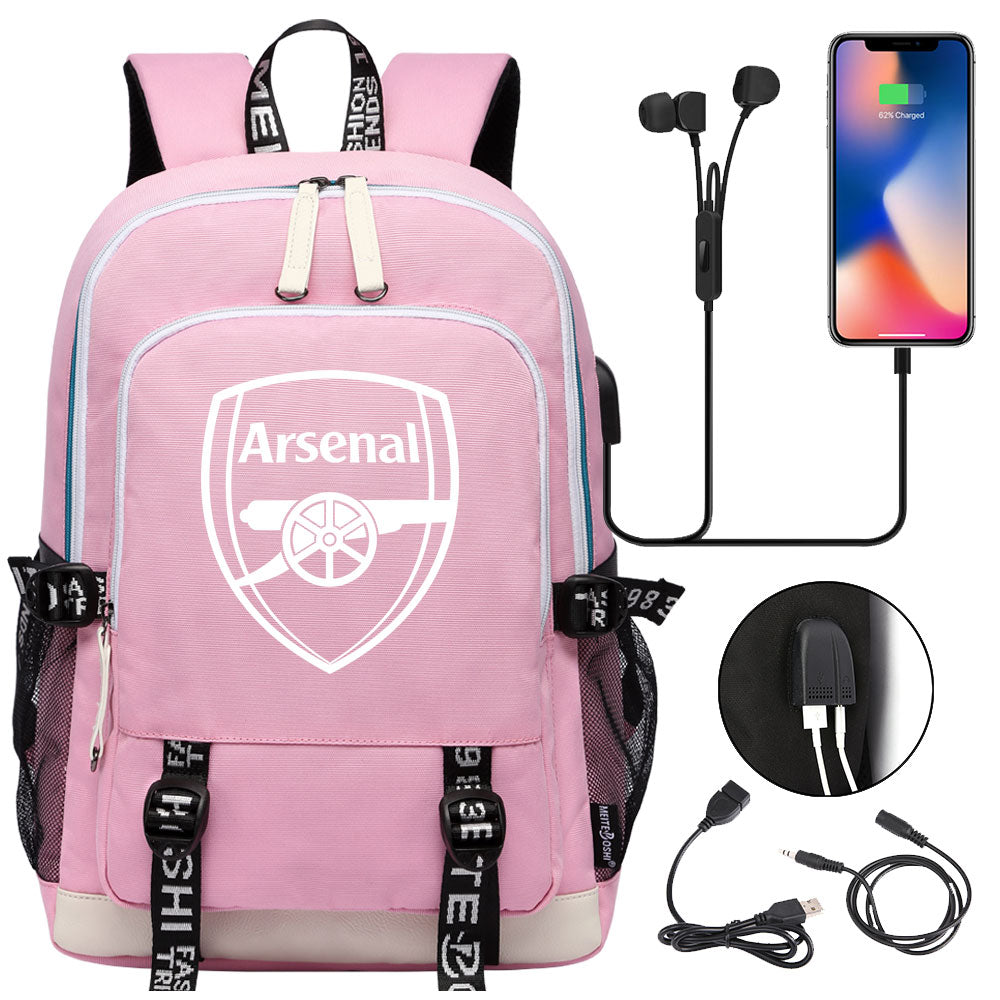 Arsenal Football Club USB Charging Backpack School Note Book Laptop Travel Bags