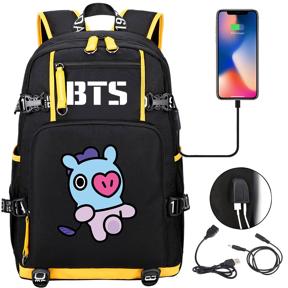 BTS Cartoon Mang USB Charging Backpack School NoteBook Laptop Travel Bags
