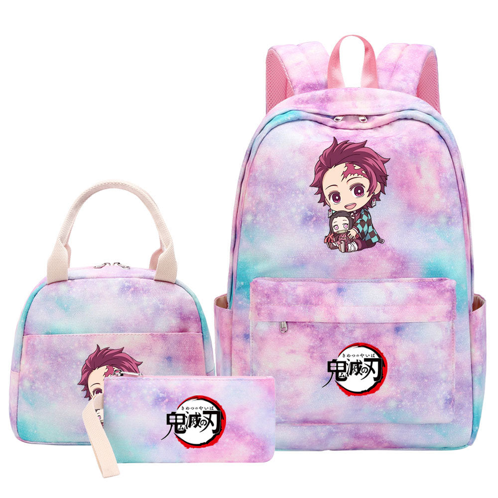 Demon Slayer Kimetsu No Yaiba Kamado Tanjiro  Pink Starry Sky SchoolBag Backpack Lunch Box Bag Book Pencil Bags 3pcs Set