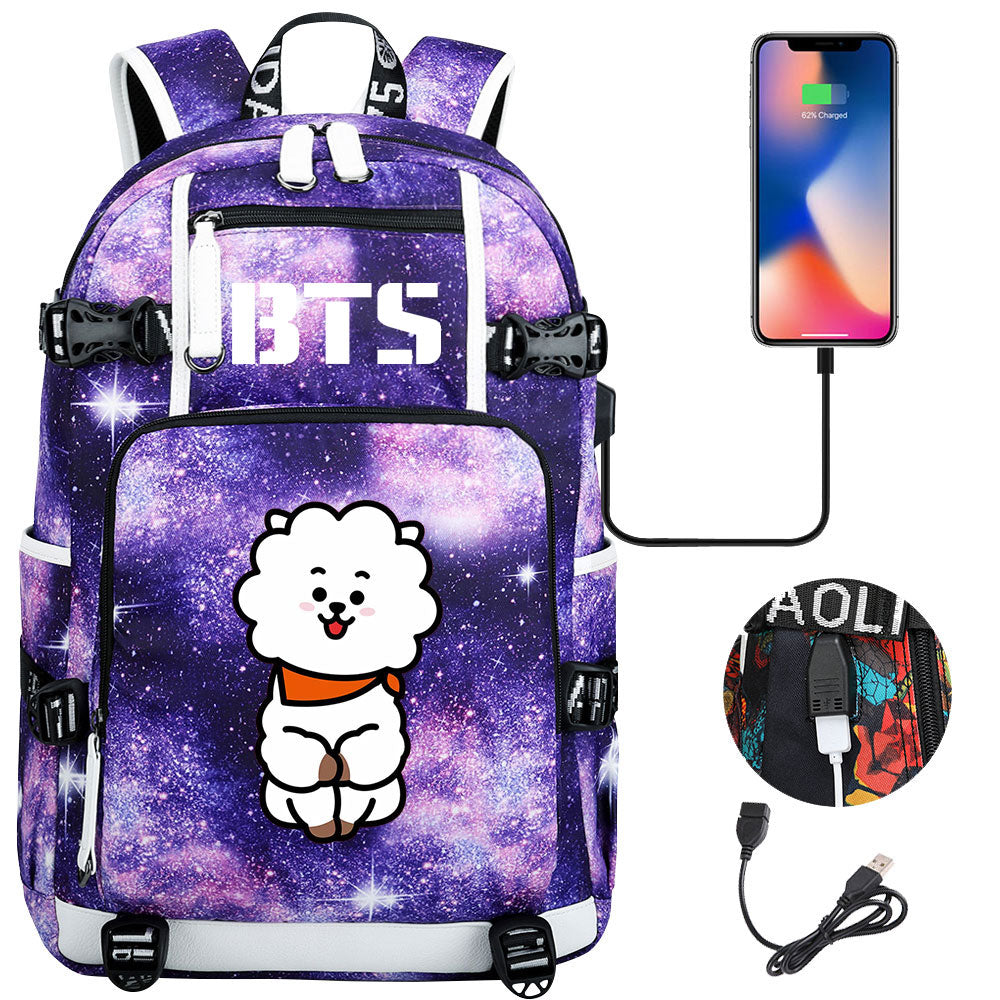 BTS Cartoon RJ USB Charging Backpack School NoteBook Laptop Travel Bags