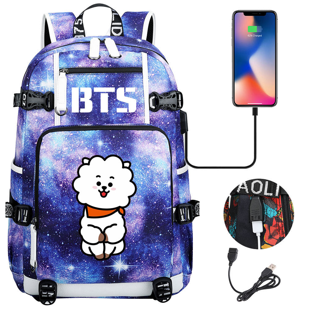 BTS Cartoon RJ USB Charging Backpack School NoteBook Laptop Travel Bags