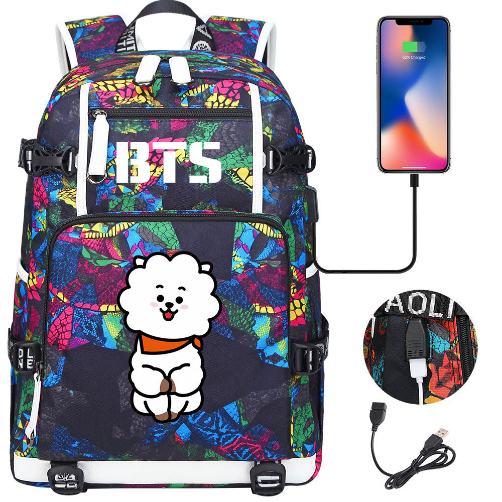 BTS Cartoon RJ USB Charging Backpack School NoteBook Laptop Travel Bags