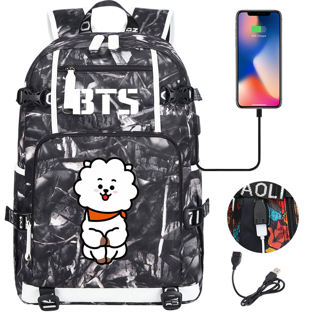 BTS Cartoon RJ USB Charging Backpack School NoteBook Laptop Travel Bags