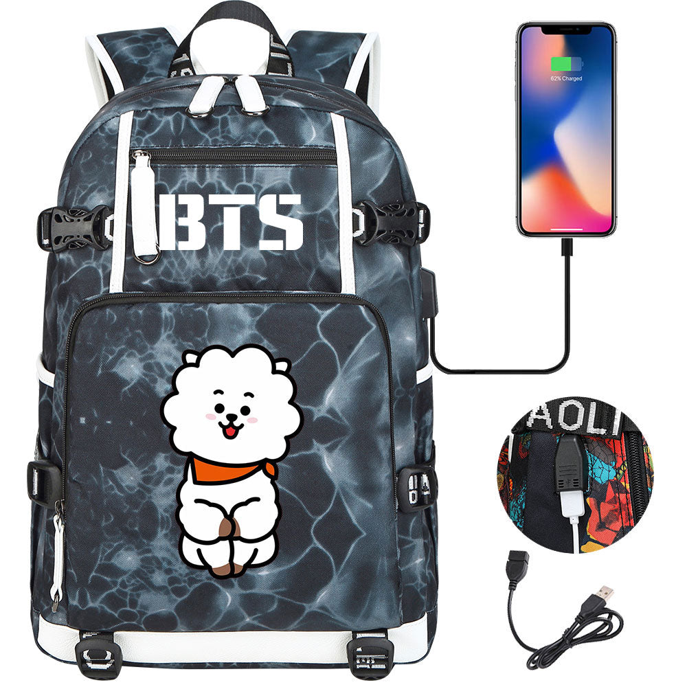 BTS Cartoon RJ USB Charging Backpack School NoteBook Laptop Travel Bags