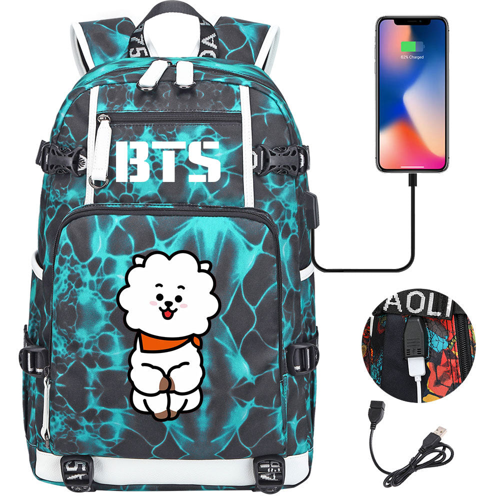 BTS Cartoon RJ USB Charging Backpack School NoteBook Laptop Travel Bags