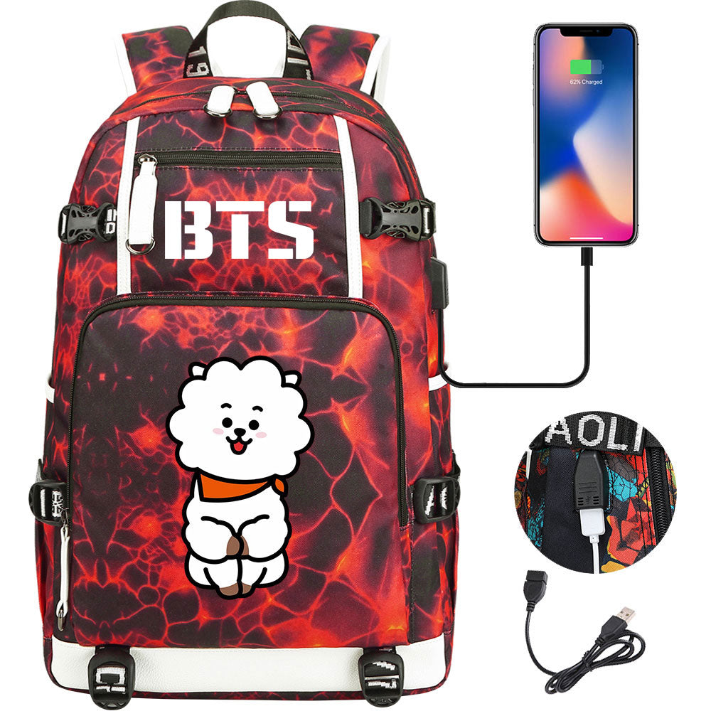BTS Cartoon RJ USB Charging Backpack School NoteBook Laptop Travel Bags