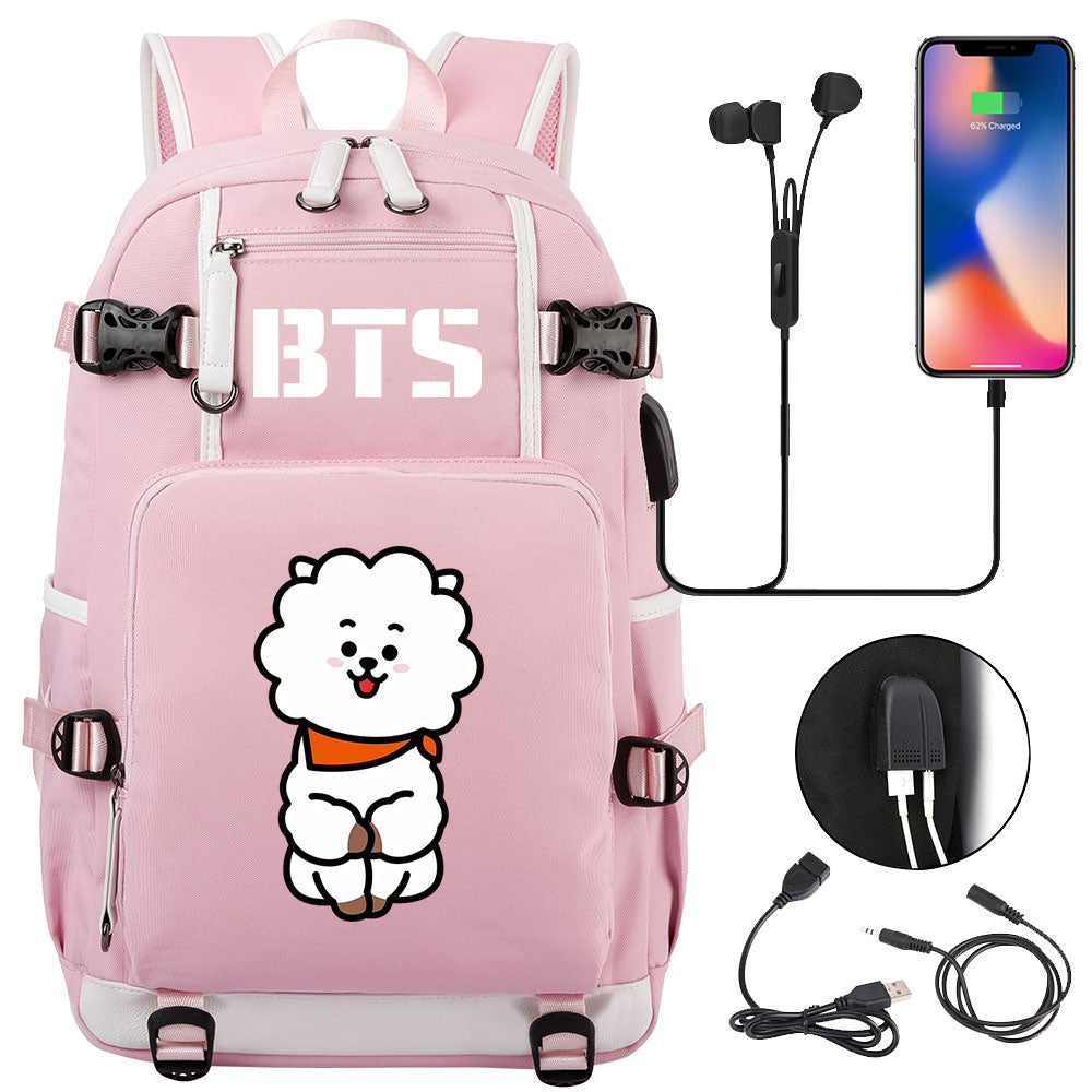 BTS Cartoon RJ USB Charging Backpack School NoteBook Laptop Travel Bags