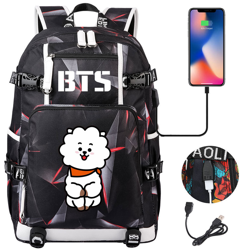 BTS Cartoon RJ USB Charging Backpack School NoteBook Laptop Travel Bags