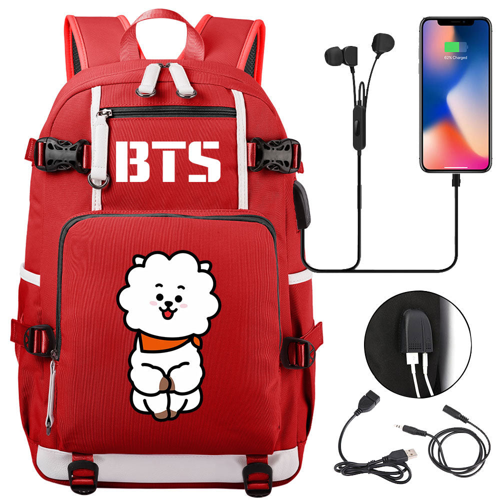 BTS Cartoon RJ USB Charging Backpack School NoteBook Laptop Travel Bags