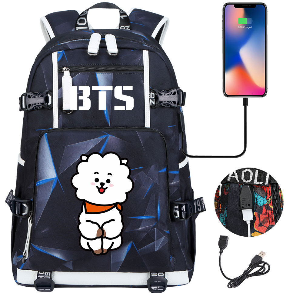 BTS Cartoon RJ USB Charging Backpack School NoteBook Laptop Travel Bags