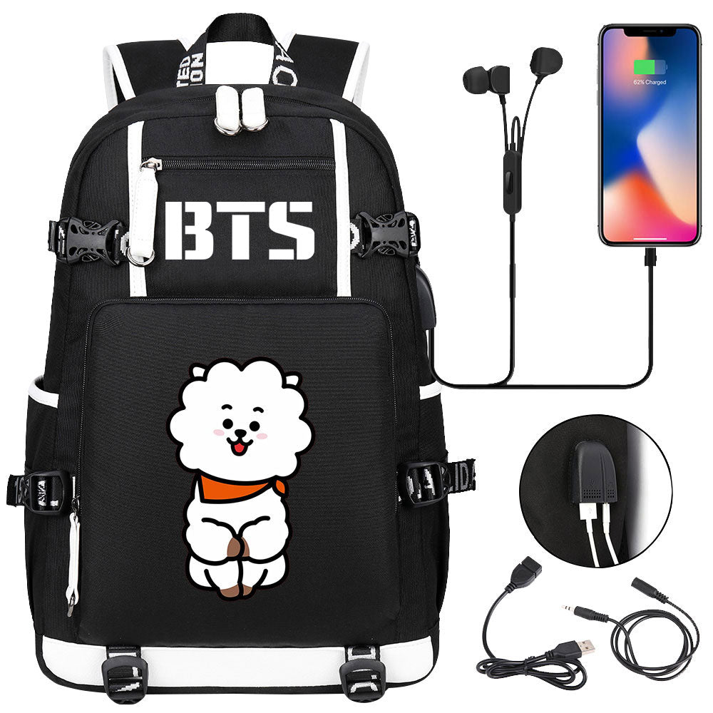 BTS Cartoon RJ USB Charging Backpack School NoteBook Laptop Travel Bags