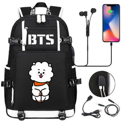 BTS Cartoon RJ USB Charging Backpack School NoteBook Laptop Travel Bags
