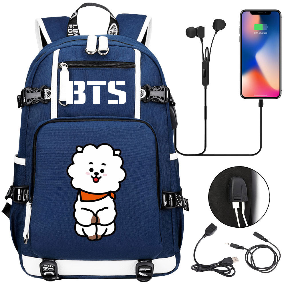 BTS Cartoon RJ USB Charging Backpack School NoteBook Laptop Travel Bags
