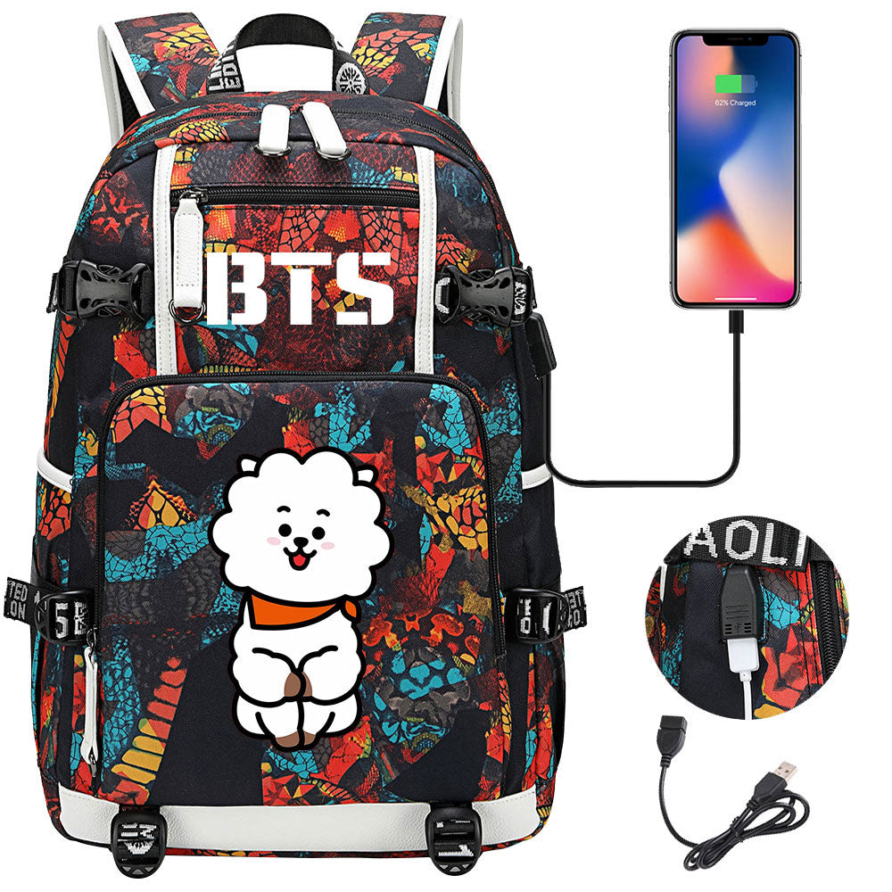 BTS Cartoon RJ USB Charging Backpack School NoteBook Laptop Travel Bags