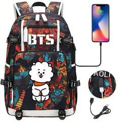 BTS Cartoon RJ USB Charging Backpack School NoteBook Laptop Travel Bags