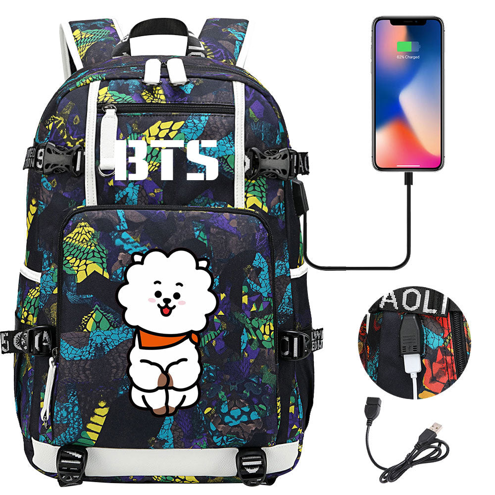 BTS Cartoon RJ USB Charging Backpack School NoteBook Laptop Travel Bags