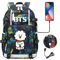 BTS Cartoon RJ USB Charging Backpack School NoteBook Laptop Travel Bags