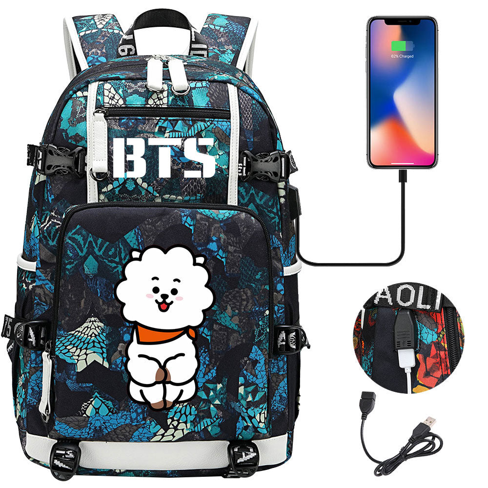 BTS Cartoon RJ USB Charging Backpack School NoteBook Laptop Travel Bags