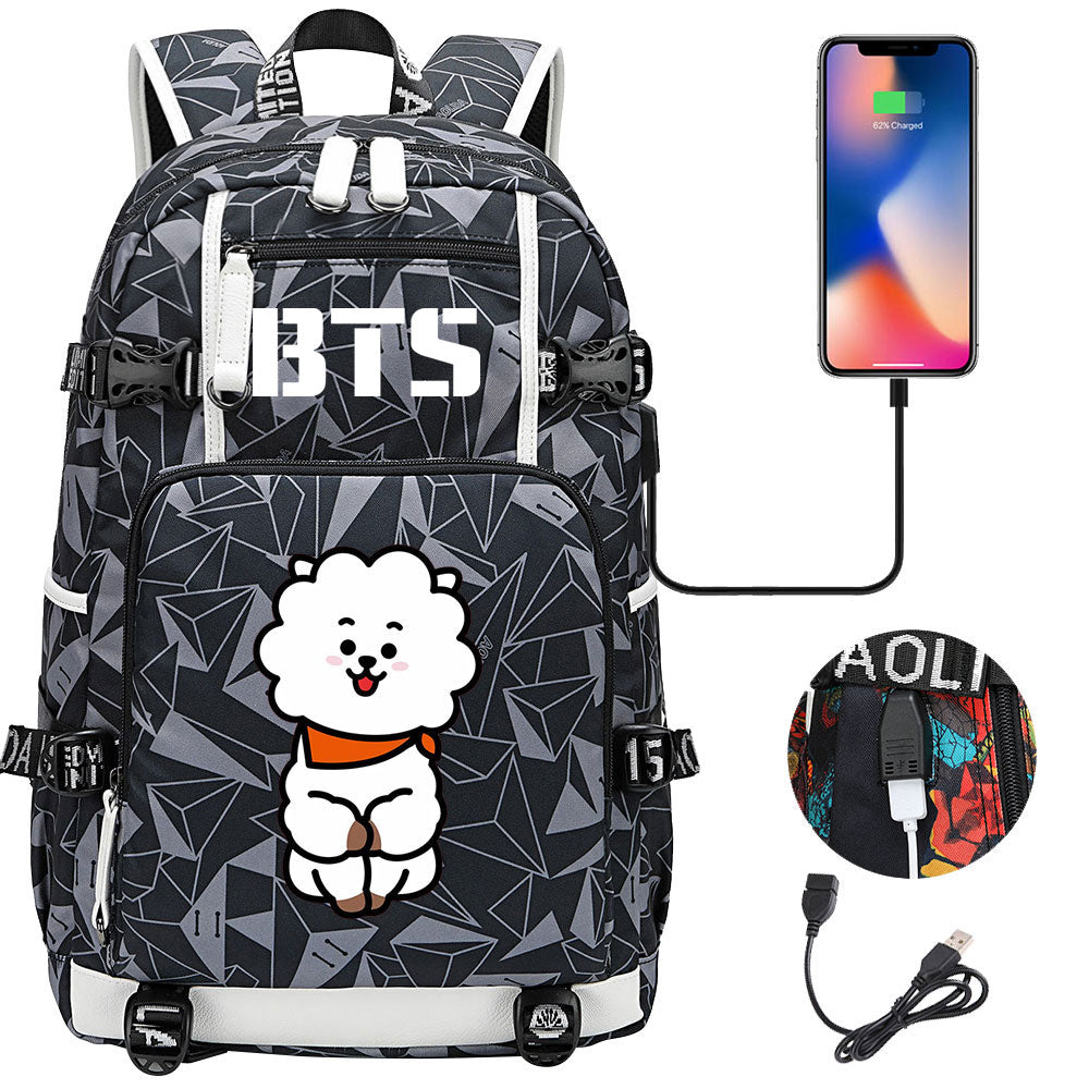 BTS Cartoon RJ USB Charging Backpack School NoteBook Laptop Travel Bags