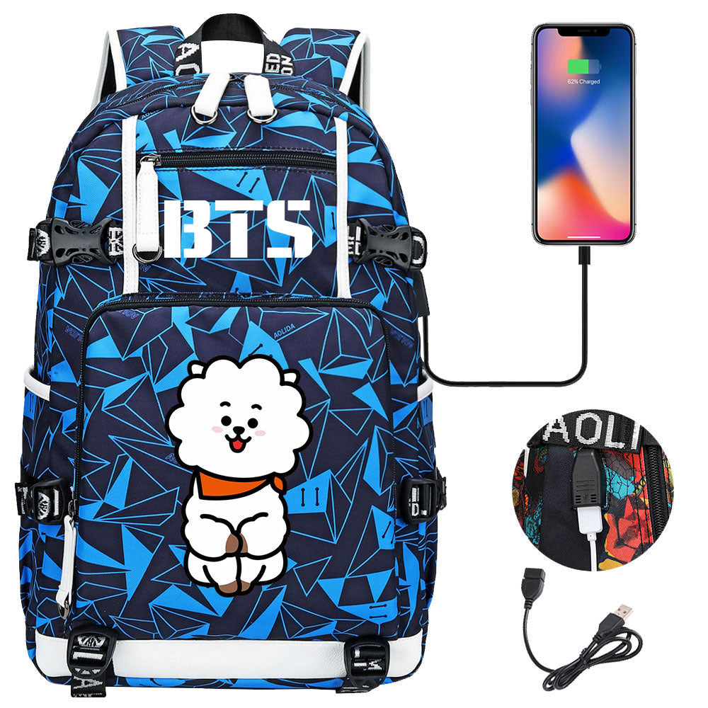 BTS Cartoon RJ USB Charging Backpack School NoteBook Laptop Travel Bags