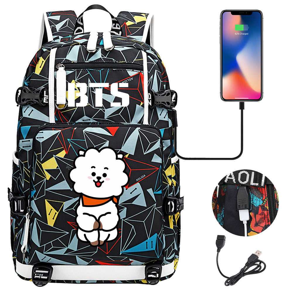BTS Cartoon RJ USB Charging Backpack School NoteBook Laptop Travel Bags