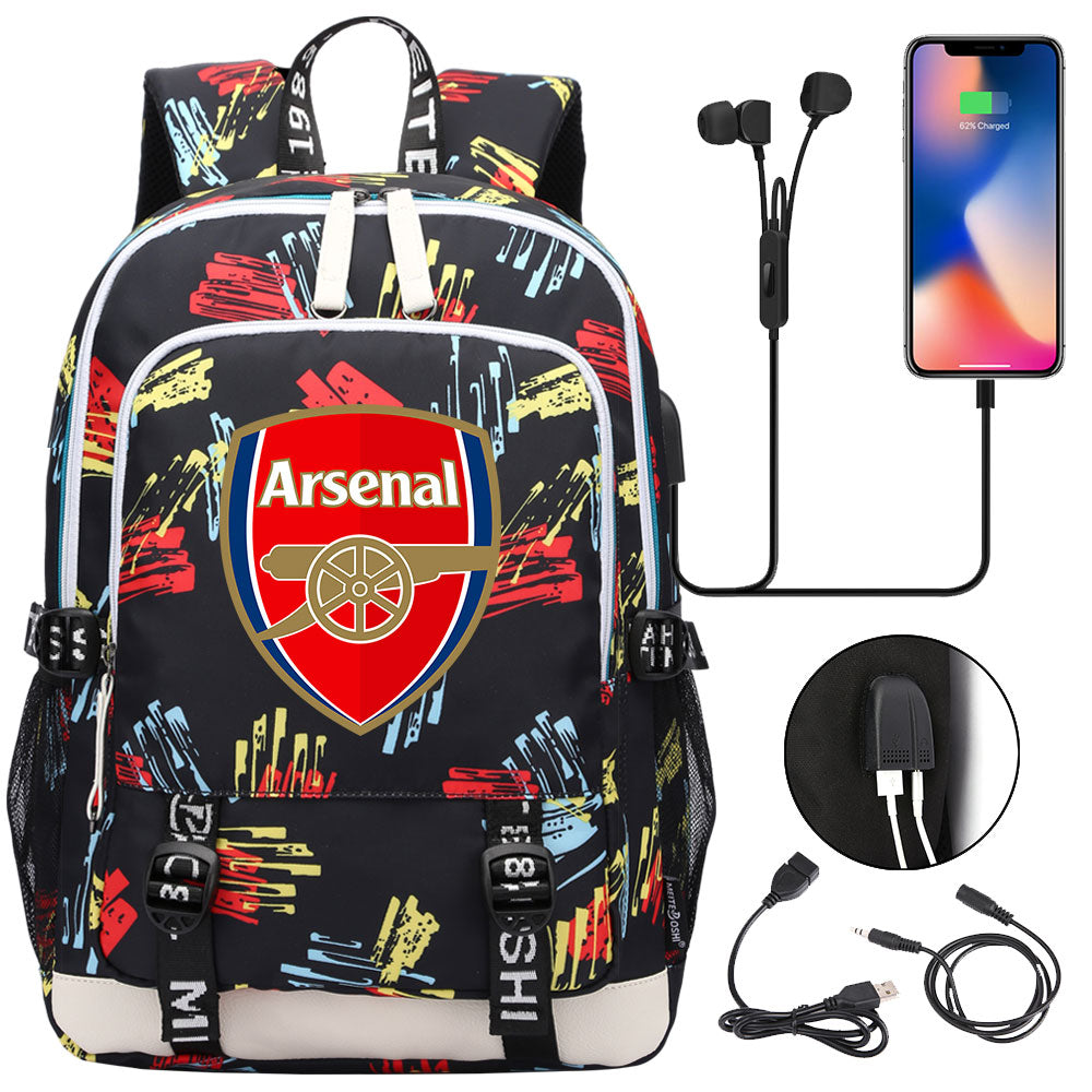 Arsenal Football Club USB Charging Backpack School Note Book Laptop Travel Bags