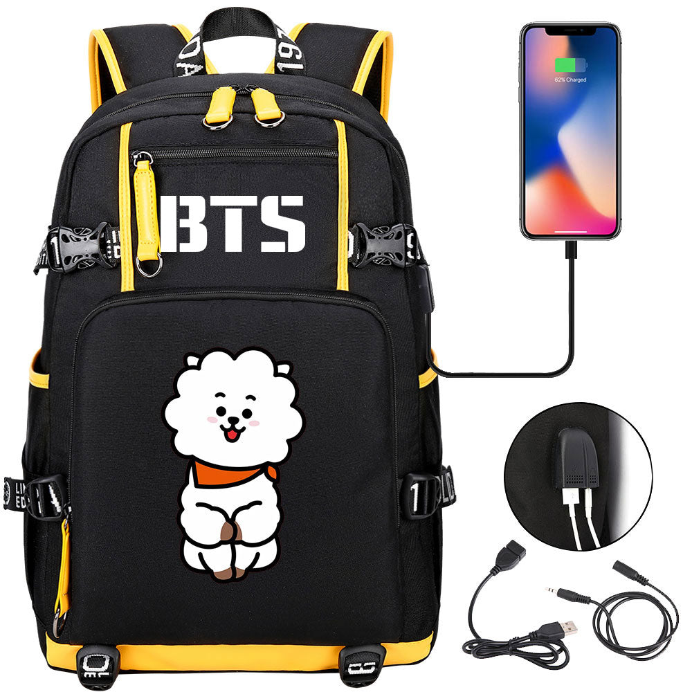 BTS Cartoon RJ USB Charging Backpack School NoteBook Laptop Travel Bags