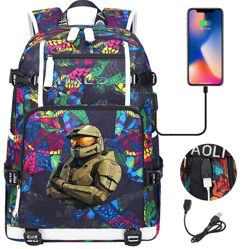 Halo Infinite USB Charging Backpack School NoteBook Laptop Travel Bags