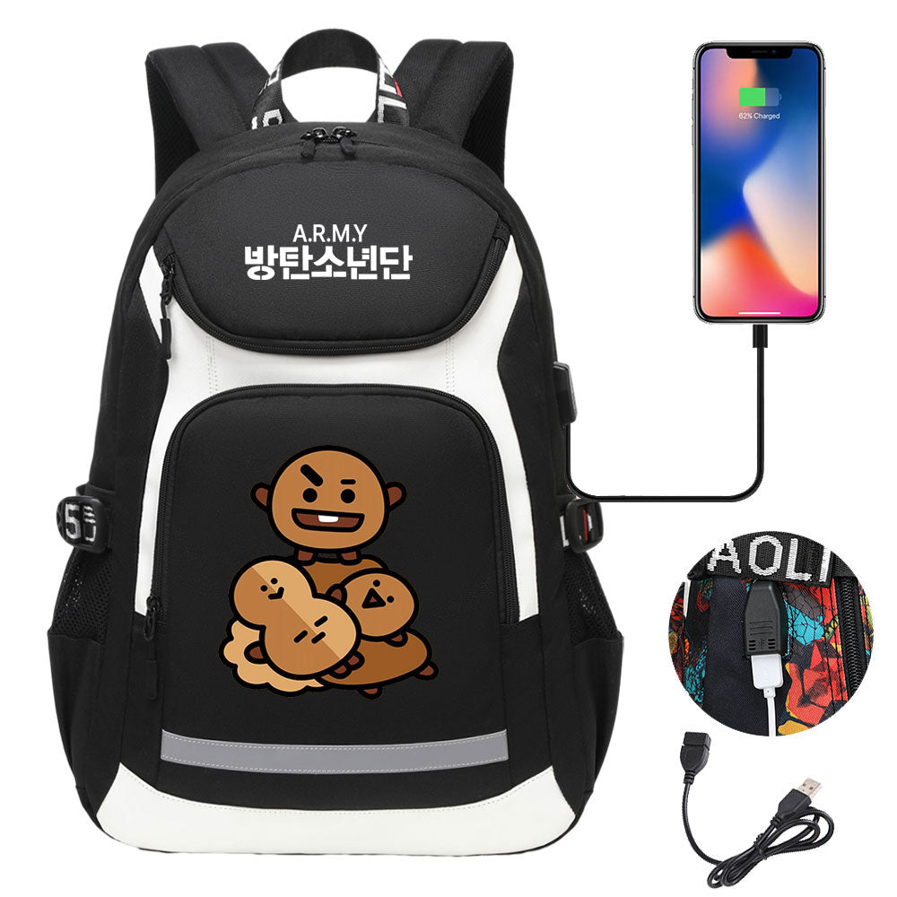 Kpop BTS Shooky USB Charging Backpack School NoteBook Laptop Travel Bags
