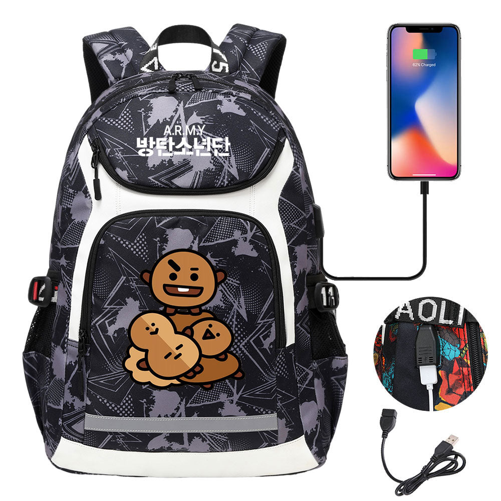Kpop BTS Shooky USB Charging Backpack School NoteBook Laptop Travel Bags