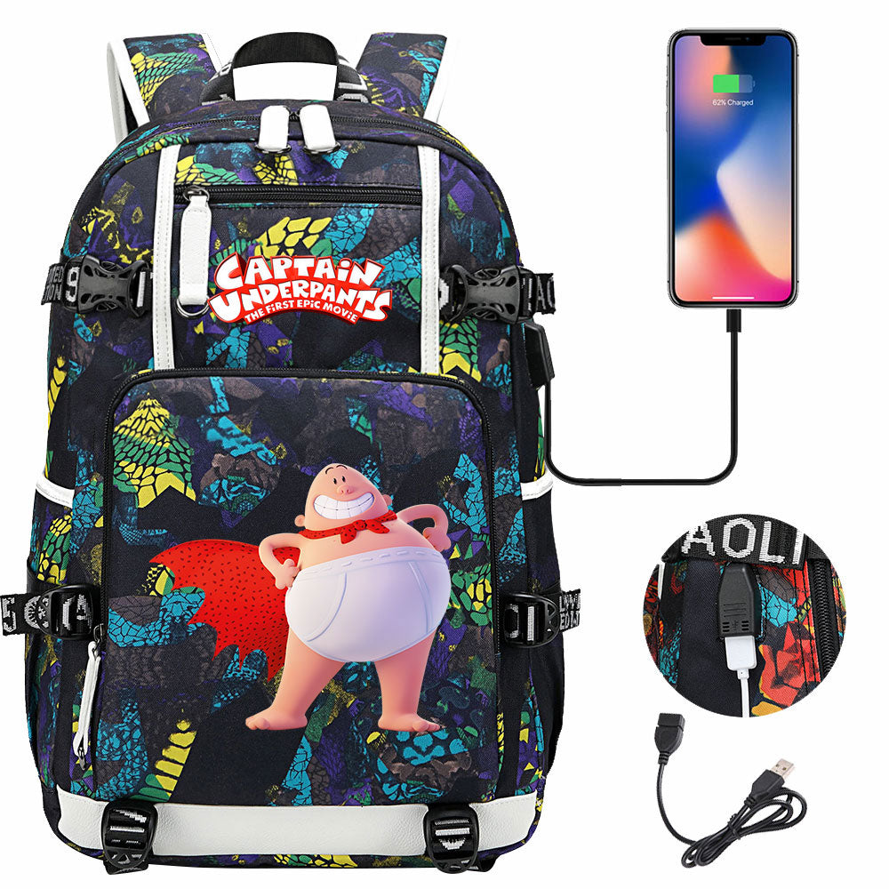 Captain Underpants USB Charging Backpack School NoteBook Laptop Travel Bags