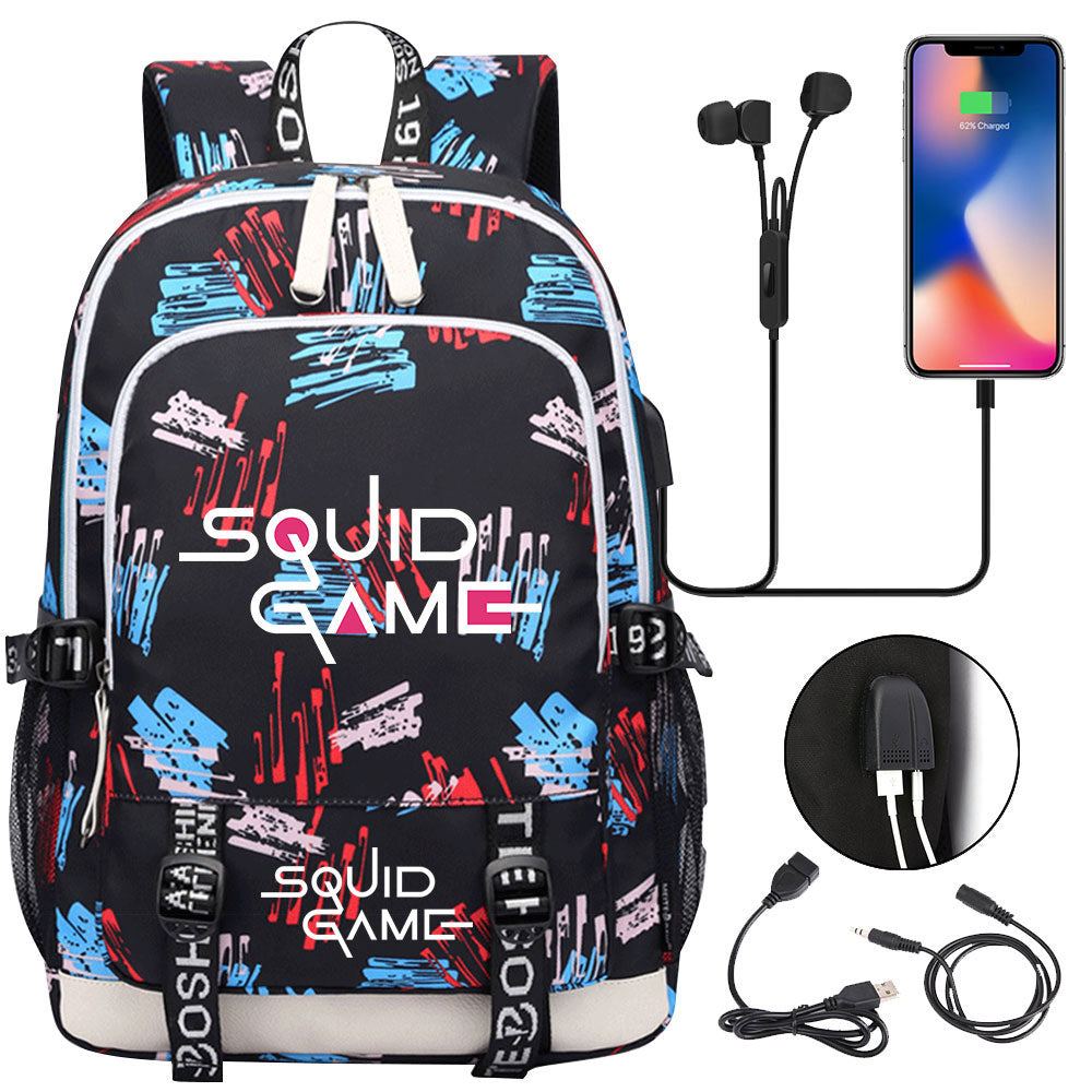 Squid Game USB Charging Backpack School Note Book Laptop Travel Bags