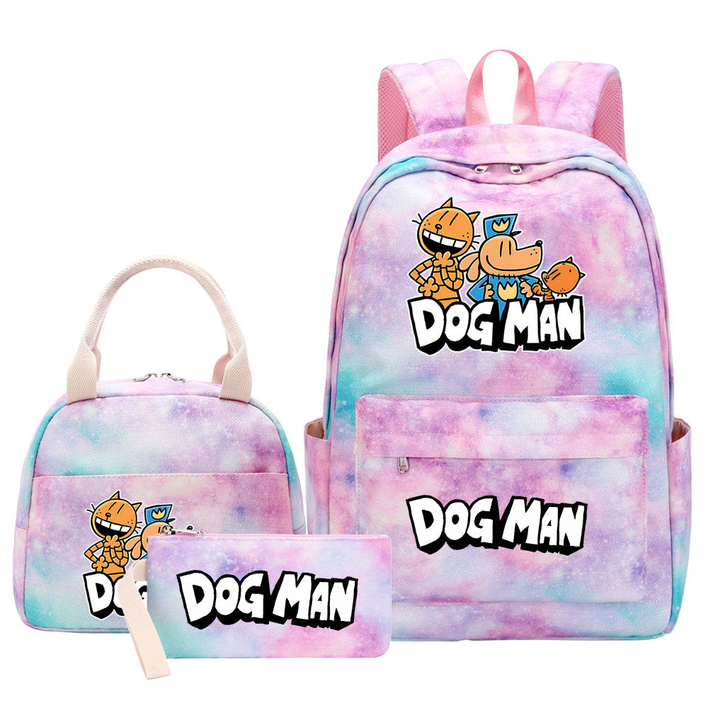 Dog Man Pink Starry Sky SchoolBag Backpack Lunch Box Bag Book Pencil Bags 3pcs Set