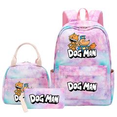 Dog Man Pink Starry Sky SchoolBag Backpack Lunch Box Bag Book Pencil Bags 3pcs Set